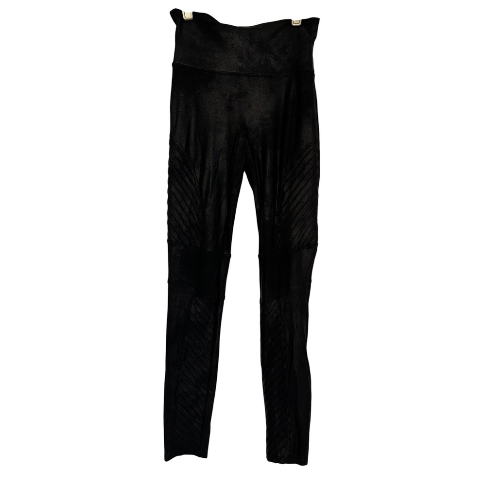 Spanx Faux Leather Moto Leggings Very Black High Waisted Ribbed Sz M City Goth - Picture 2 of 8